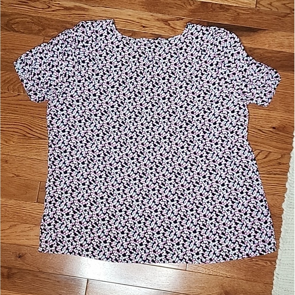 Talbots Top XL Floral Short Sleeve Blouse Keyhole Boho Crew Neck Pink Black - Picture 3 of 13